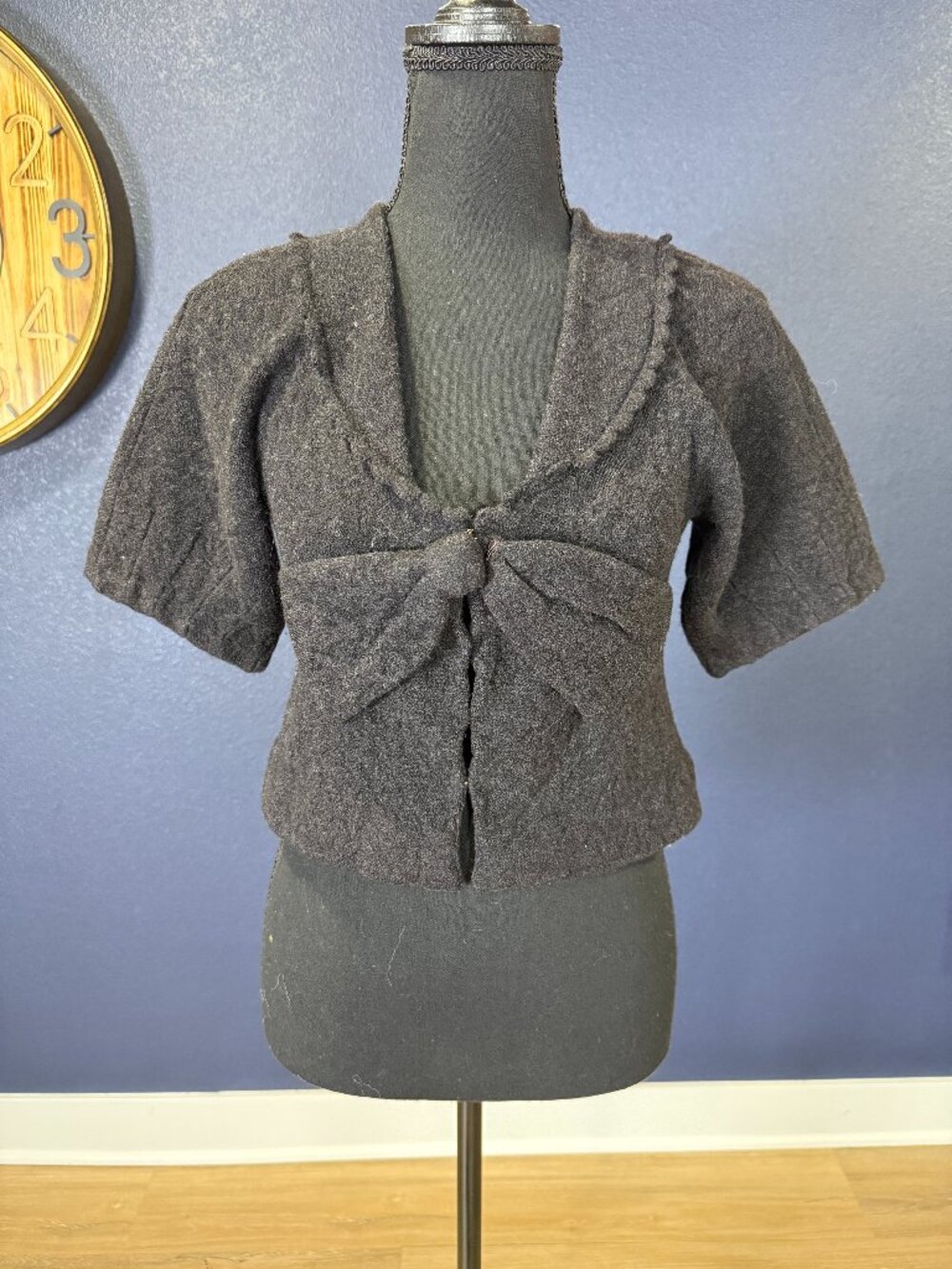 Leifsdottir Anthropologie Charcoal Black Wool Cropped Bow Front Cardigan | XS